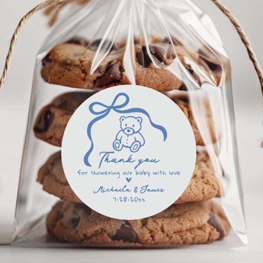ブルーハンドドロードドードルボウ&テディボーイベビーシャワー ラウンドシール