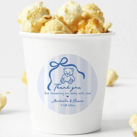 ブルーハンドドロードドードルボウ&テディボーイベビーシャワー ラウンドシール
