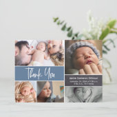 ブルーハンドレタリング写真コラージュ赤ちゃんシャワー サンキューカード (スタンド正面)