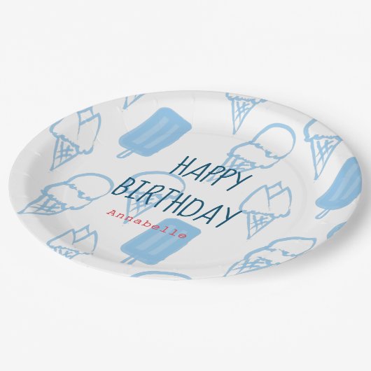 ブルーハンド絵を描アイスクリームパターン誕生日 ペーパープレート (アングル)