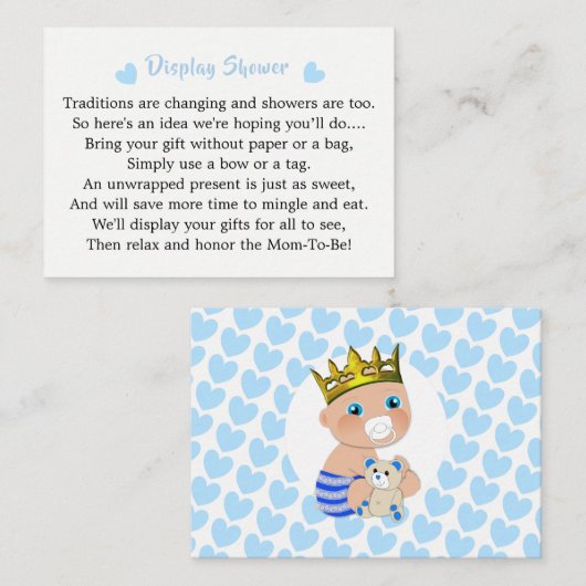 ブルーハートズプリンス男の赤ちゃんシャワーディスプレイ エンクロージャーカード (正面/裏面)