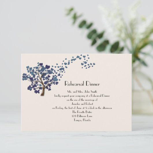 ブルーハートツリーオンアイボリーのリ結婚ハーサルディナー 招待状 (スタンド正面)