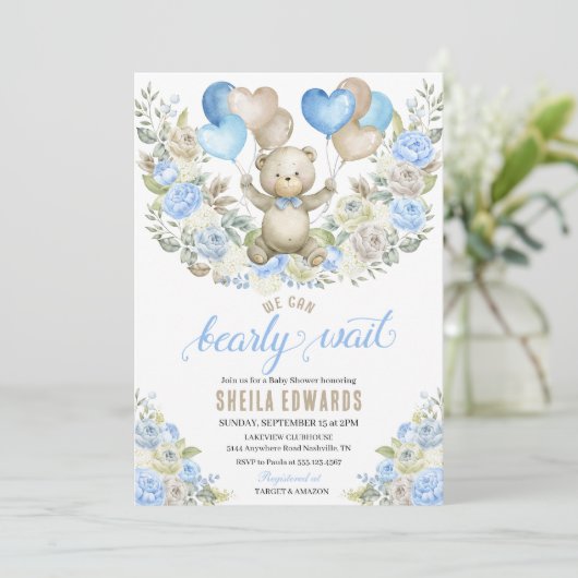 ブルーハートバルーンテディベア男の子ベビーシャワー 招待状 (スタンド正面)