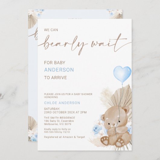 ブルーハートバルーンフローラ真夏待ちベビーシャワー 招待状 (正面/裏面)