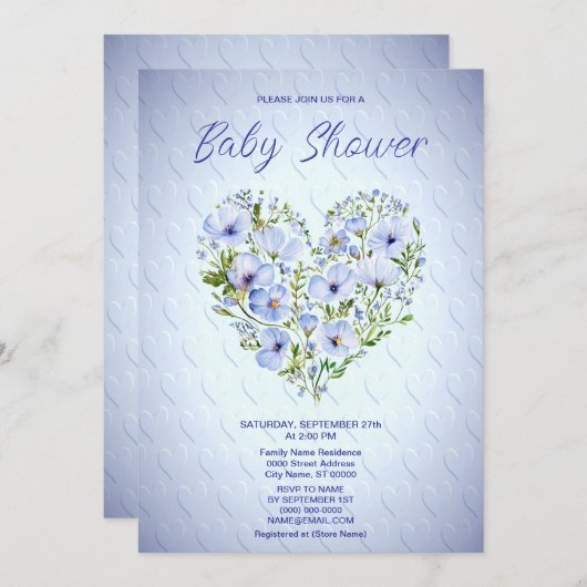 ブルーハートフローラベビーシャワー招待状 招待状 (正面/裏面)