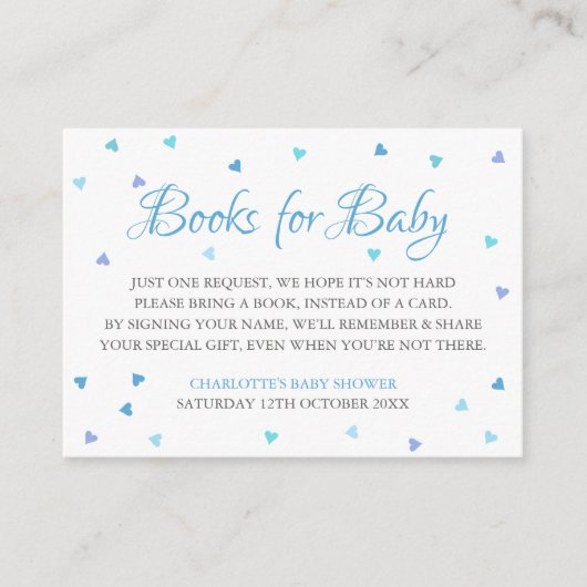 ブルーハートブックリクエスト赤ちゃんシャワー エンクロージャーカード (正面)