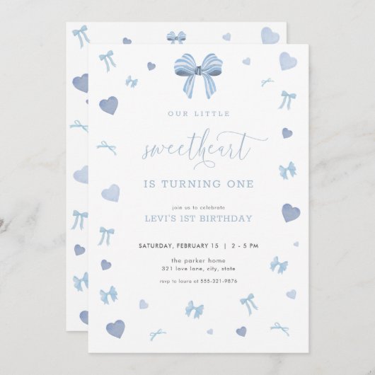 ブルーハートリトルスウィートアート誕生日招待状 招待状 (正面/裏面)