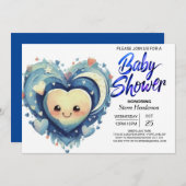ブルーハートリトルスウィートボーイ赤ちゃんシャワー 招待状 (正面/裏面)