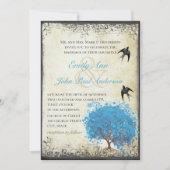 ブルーハートリーフツリーヴィンテージバードパールパーチメント 招待状 (正面)