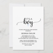 ブルーハート | シンプルなブラックカリグラフィー It's A Boy 招待状 (正面)