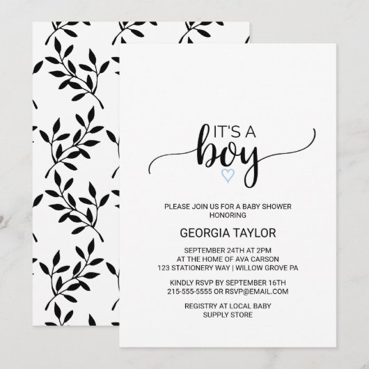 ブルーハート | シンプルなブラックカリグラフィー It's A Boy 招待状 (正面/裏面)