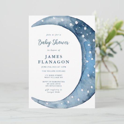 ブルーハーフムーン |男の子の赤ちゃんシャワー 招待状 (スタンド正面)