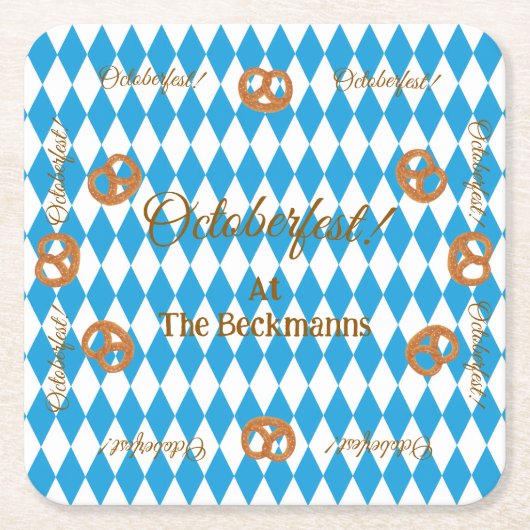 ブルーバイエルオクトーバーフェストプレッツェルパーソナライズ スクエアペーパーコースター (正面)