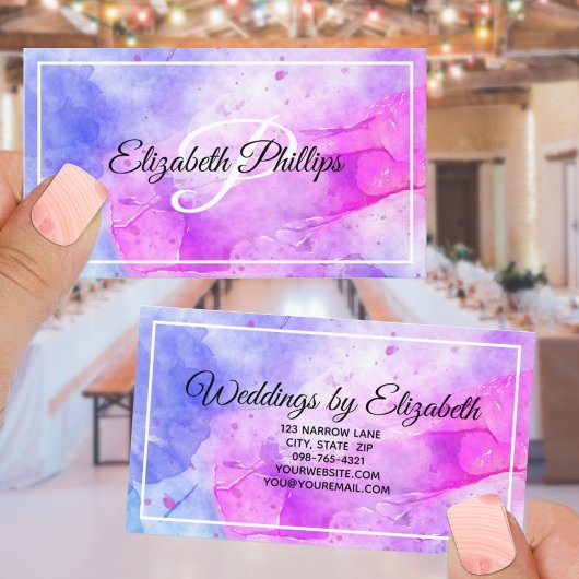 ブルーバイオレットウォーターカラーモノグラムレタープロフェッショナル 名刺