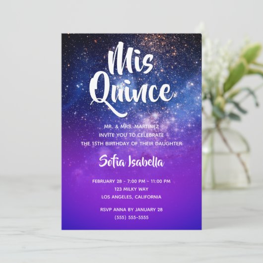 ブルーバイオレットグラデーションコズミックフォトミンス誕生日 招待状 (スタンド正面)