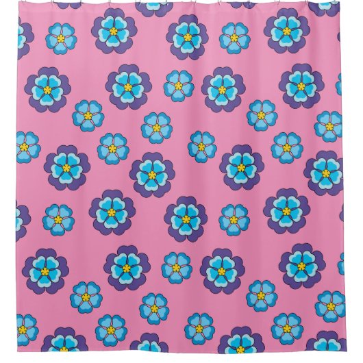 ブルーバイオレットピンクの花柄 シャワーカーテン (正面)
