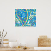 ブルーバイオレットライムグリーンペイズリーフローラアートパターン ポスター (キッチン)