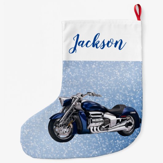 ブルーバイクと雪 ラージクリスマスストッキング (裏面)