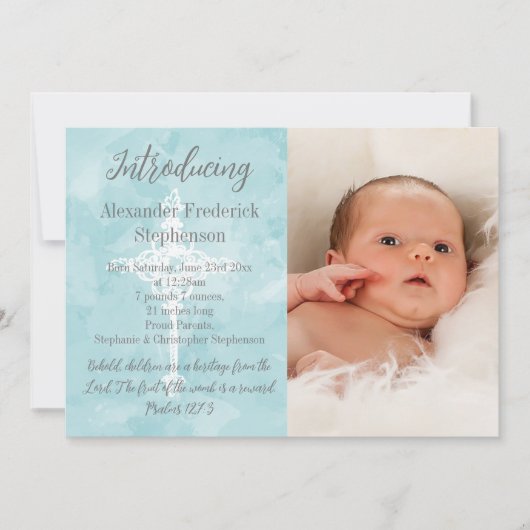 ブルーバイブル聖句クロス男の赤ちゃん写真誕生 案内状 (正面)