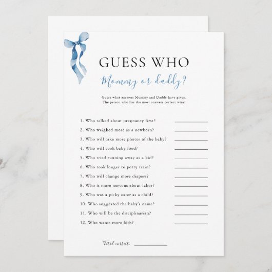 ブルーバウ推測誰が赤ちゃんシャワーゲームカード 招待状 (正面/裏面)