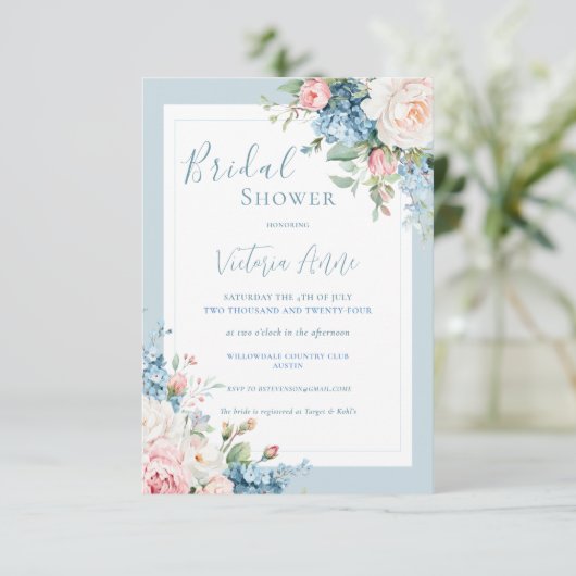 ブルーバジェットフローラアジサイエレガントブライダルシャワー 招待状 (スタンド正面)