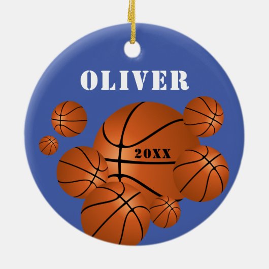 ブルーバスケットボールスポーツキッズ記念クリスマス セラミックオーナメント (裏面)