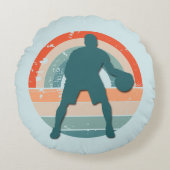 ブルーバスケットボールプレーヤーレトロレインボー ラウンドクッション (正面)