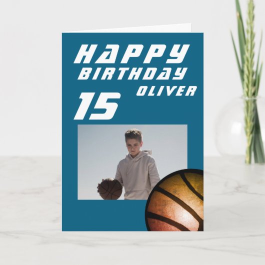 ブルーバスケットボールボーイフォトハッピーバースデー カード (正面)