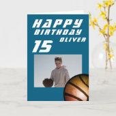 ブルーバスケットボールボーイフォトハッピーバースデー カード (黄色い花)