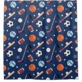 ブルーバスルーム上のキッズスポーツ用品パターン シャワーカーテン (正面)