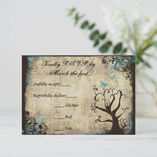 ブルーバタフライとツリーヴィンテージウェディングRSVP 出欠カード (スタンド正面)