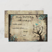ブルーバタフライとツリーヴィンテージウェディングRSVP 出欠カード (正面/裏面)