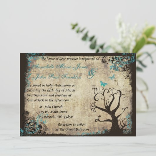 ブルーバタフライアンドツリーヴィンテージウェディング招待状 招待状 (スタンド正面)