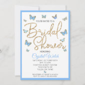 ブルーバタフライアンド金ゴールドグリッターブライダルシャワー 招待状 (正面)