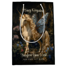 ブルーバタフライウィングフォレストユニコーンファンタジー魔法 ミディアムペーパーバッグ