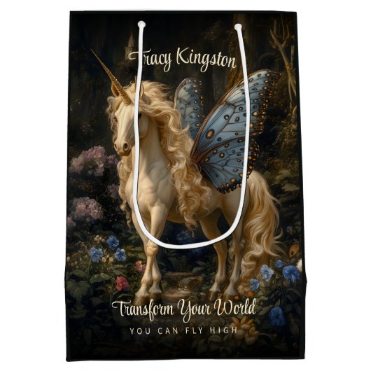 ブルーバタフライウィングフォレストユニコーンファンタジー魔法 ミディアムペーパーバッグ (裏面)