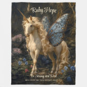 ブルーバタフライウイング付きホワイトユニコーン子供部屋 フリースブランケット (正面)