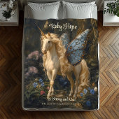 ブルーバタフライウイング付きホワイトユニコーン子供部屋 フリースブランケット