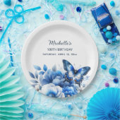 ブルーバタフライエレガントフラワーズ100誕生日 ペーパープレート (パーティー)