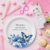 ブルーバタフライエレガントフラワーズ100誕生日 ペーパープレート (パーティー)