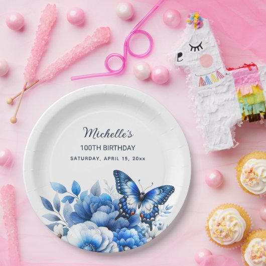 ブルーバタフライエレガントフラワーズ100誕生日 ペーパープレート (パーティー)