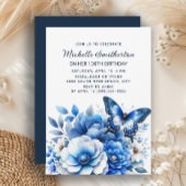 ブルーバタフライエレガントフラワーズ100誕生日 招待状