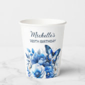 ブルーバタフライエレガントフラワーズ100誕生日 紙コップ (裏面)