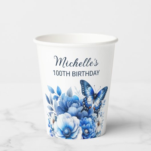 ブルーバタフライエレガントフラワーズ100誕生日 紙コップ (裏面)