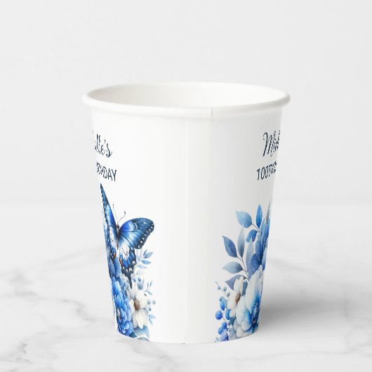 ブルーバタフライエレガントフラワーズ100誕生日 紙コップ (右)