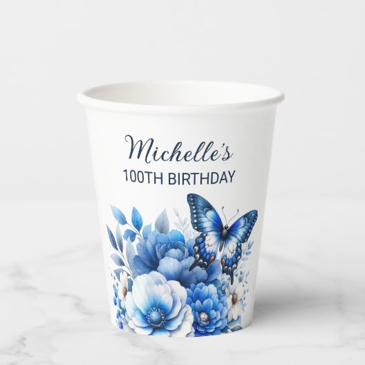 ブルーバタフライエレガントフラワーズ100誕生日 紙コップ (正面)