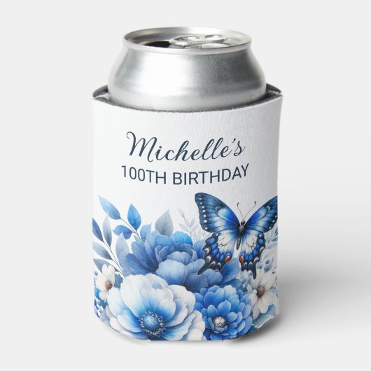 ブルーバタフライエレガントフラワーズ100誕生日 缶クーラー (缶正面)