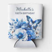 ブルーバタフライエレガントフラワーズ100誕生日 缶クーラー (正面)