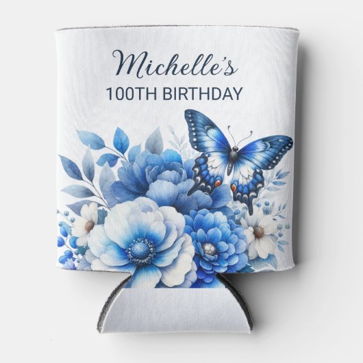 ブルーバタフライエレガントフラワーズ100誕生日 缶クーラー (正面)