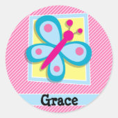 ブルーバタフライオンピンクと白ストライプ色 ラウンドシール (正面)